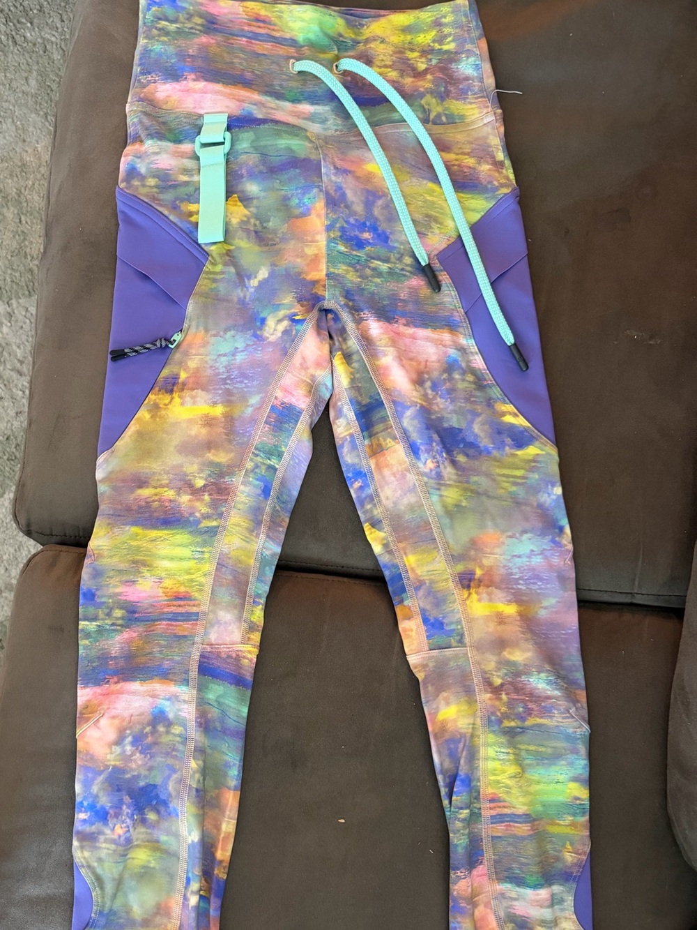 Adult Multicolor Tie-Dye Active Leggings with Purple Panels for hiking lululemon
